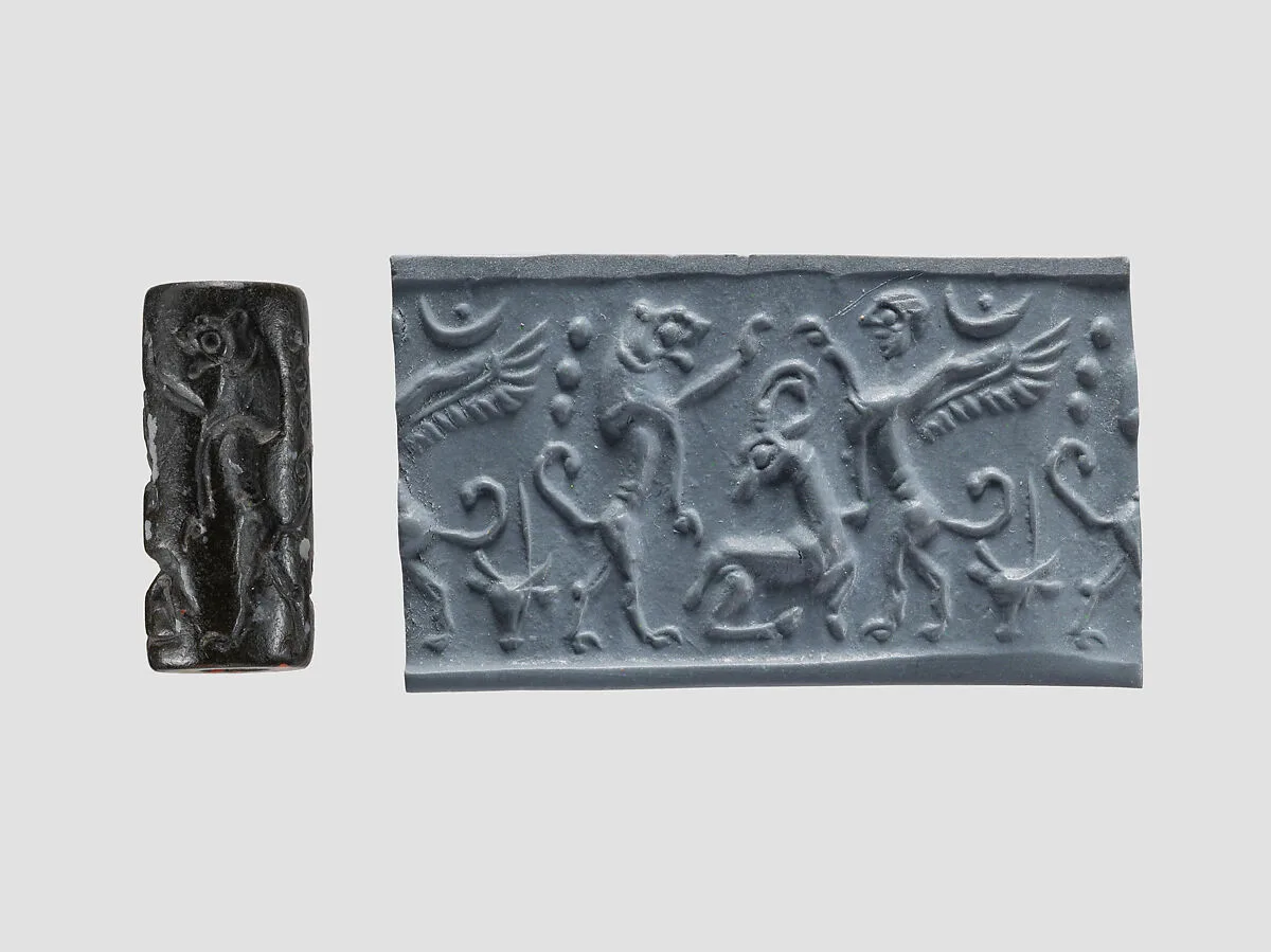 Cylinder seal and modern impression: lion and sphinx over an antelope — Unknown