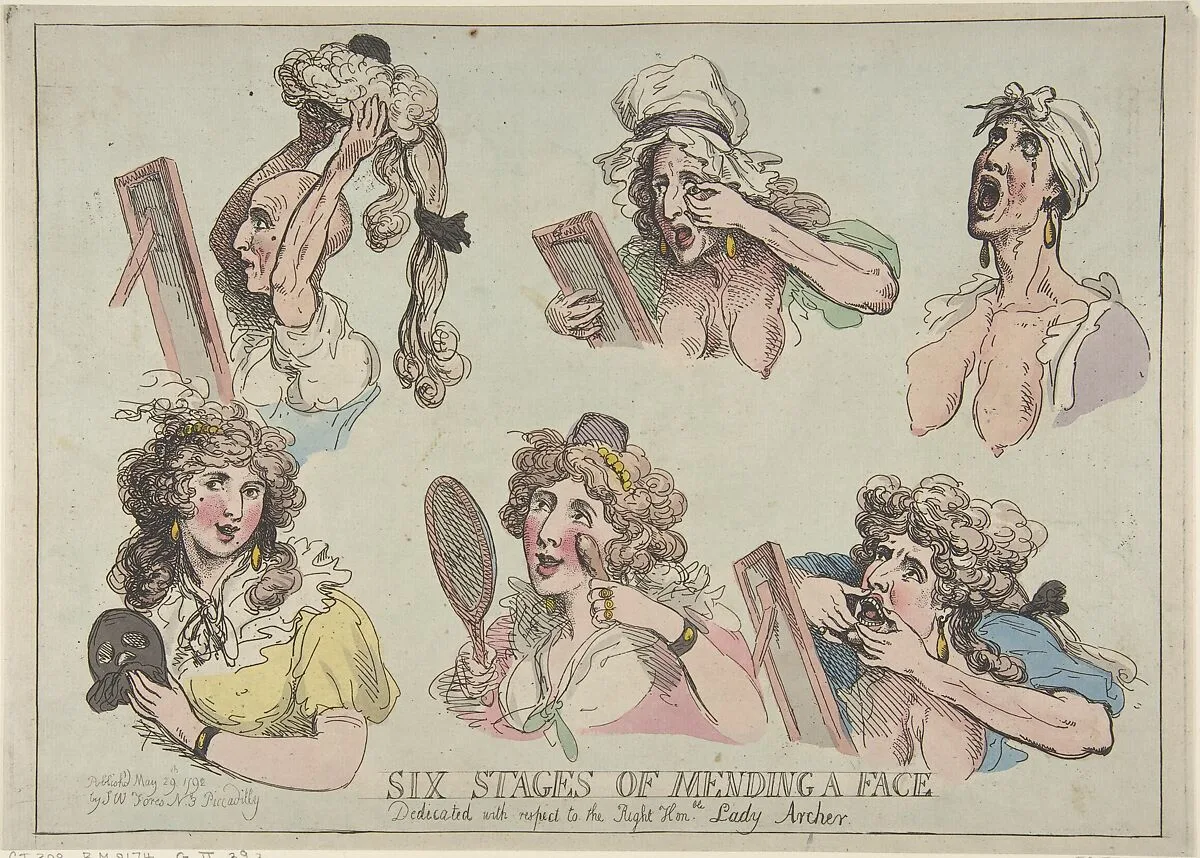 Six Stages of Mending a Face, Dedicated with respect to the Right Hon-ble. Lady Archer — Thomas Rowlandson|S. W. Fores|Lady Sarah Archer