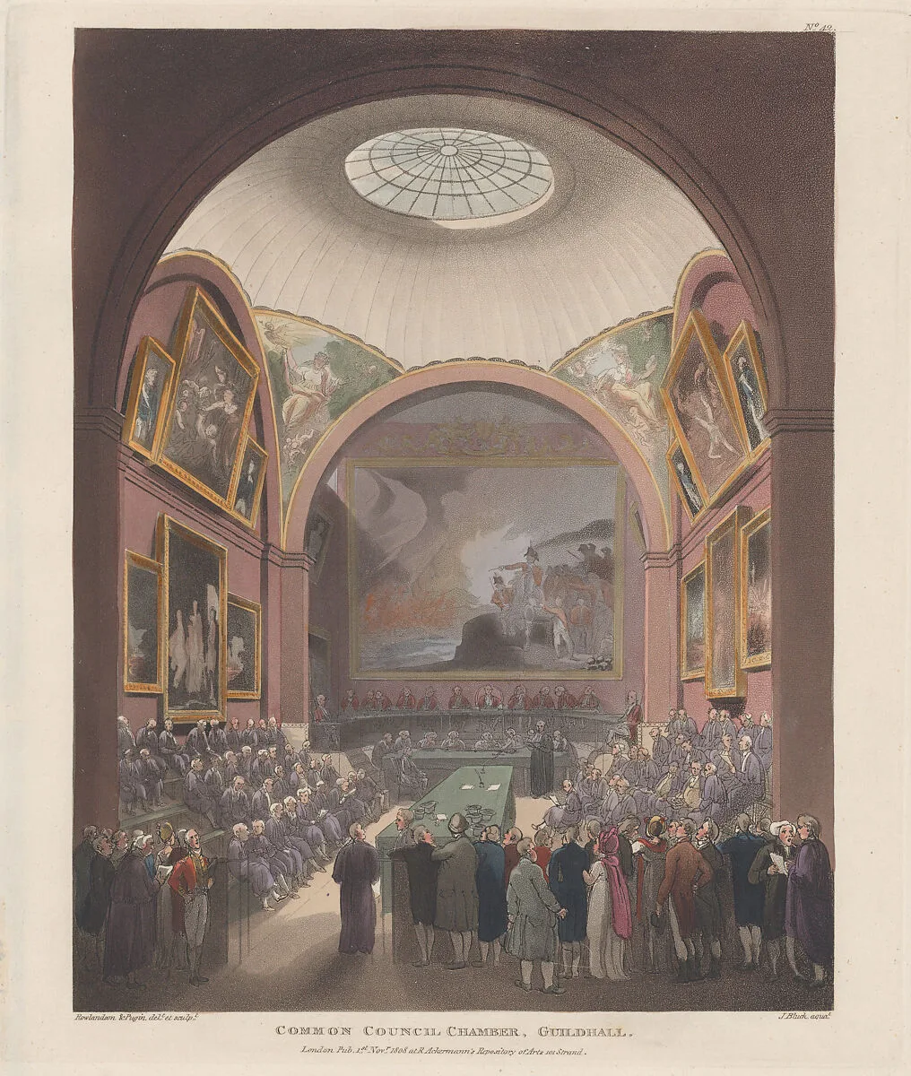 Common Council Chamber, Guildhall — Thomas Rowlandson|Rudolph Ackermann, London|Auguste Charles Pugin|John Bluck