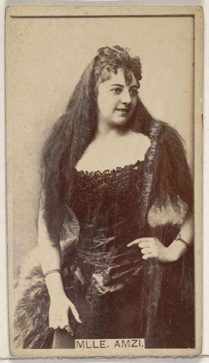 Mlle. Amzi, from the Actors and Actresses series (N45, Type 8) for Virginia Brights Cigarettes — Allen & Ginter