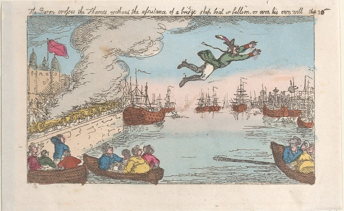 The Baron crosses the Thames without the assistance of a bridge, ship, boat, or balloon, or even his own will — Thomas Rowlandson|Thomas Tegg