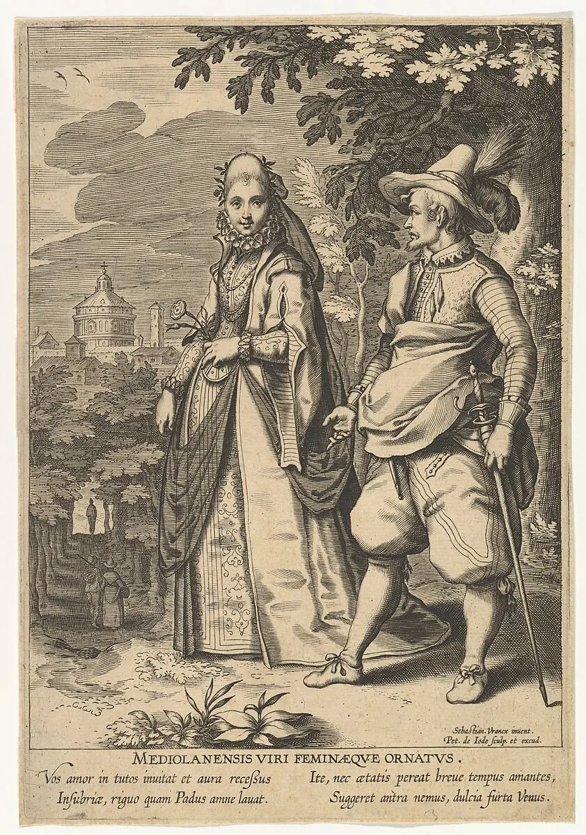 Mediolanensis Viri Feminaeque Ornatus, from Fashions of Different Nations — Pieter de Jode I|Sebastiaen Vrancx|Pieter de Jode I