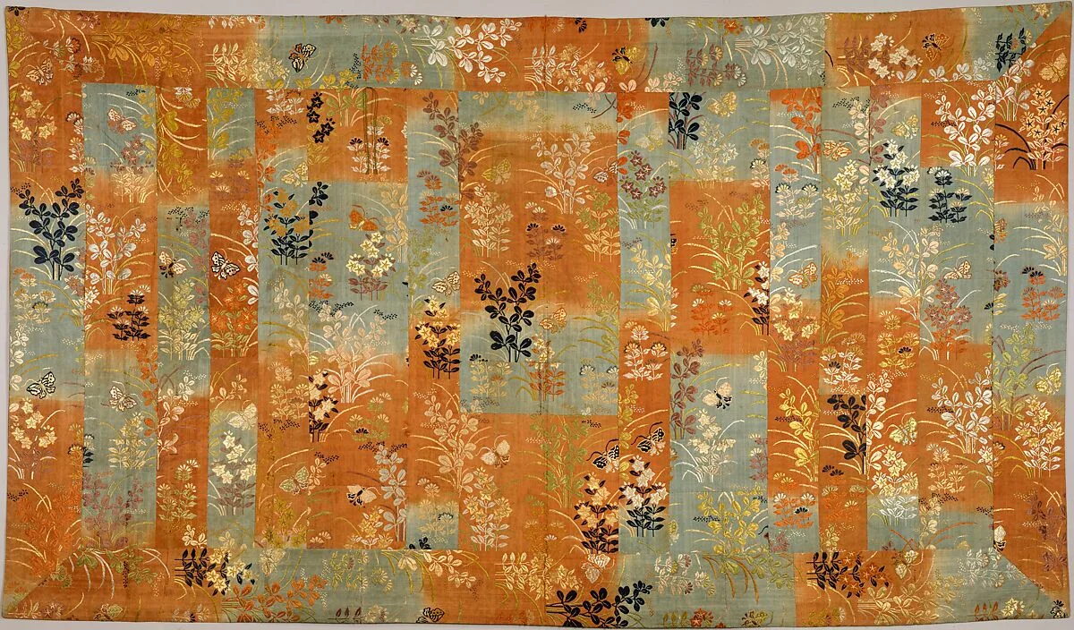茶浅葱段秋草蝶模様唐織袈裟|Buddhist Vestment (Kesa) Made from a Noh Costume (Karaori) with Autumn Grasses and Butterflies — Unknown
