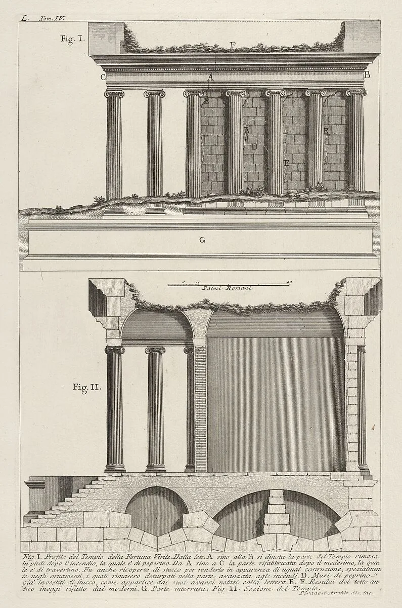 Profile of the Temple of Fortuna Virilis (Profilo del Tempio della Fortuna Virile), and section of the temple, from the series 'Le Antichità Romane' — Giovanni Battista Piranesi