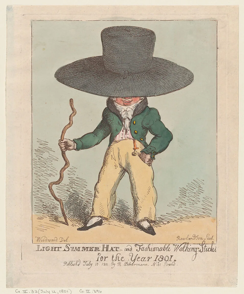 Light Summer Hat and Fashionable Walking Sticks for the Year 1801 — Thomas Rowlandson|Rudolph Ackermann, London|George Murgatroyd Woodward