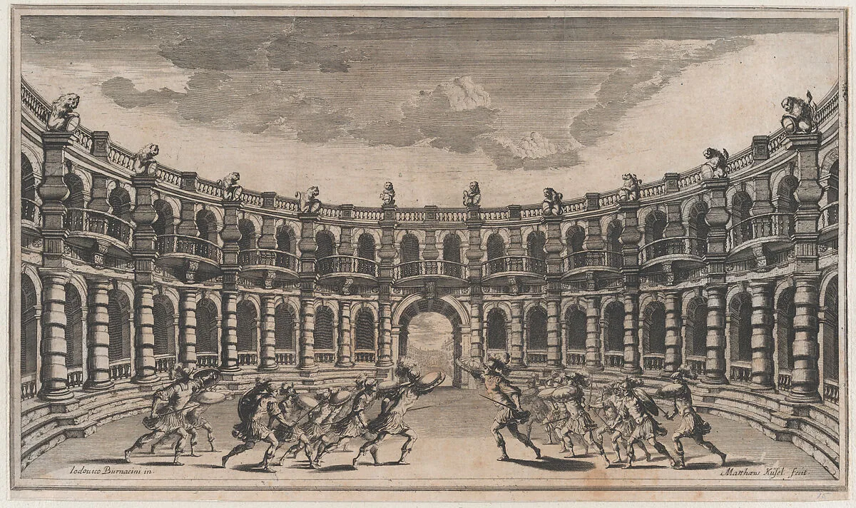 Amphitheater with two groups of soldiers running toward each other; set design from 'Il Pomo D'Oro' — Ludovico Ottaviano Burnacini|Mathäus Küsel