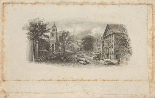 Banknote vignette with the main street of a town
