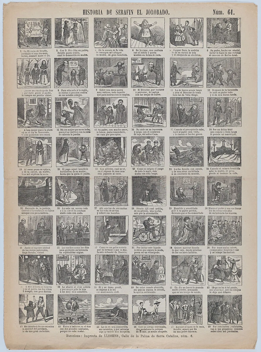 Broadside with 48 scenes relating to the life hunchback — Juan Llorens