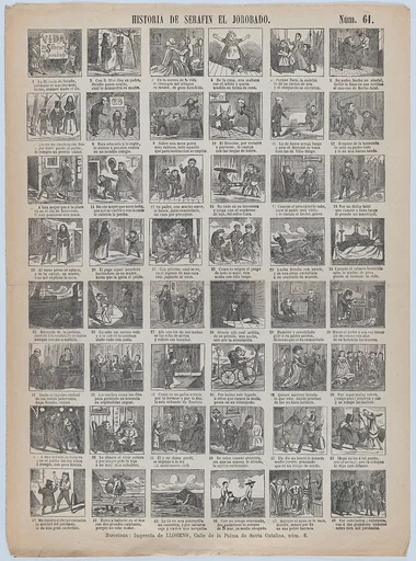 Broadside with 48 scenes relating to the life hunchback