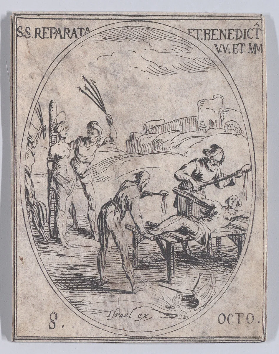 Ste. Reparate et Ste. Benoite, vierges et martyres (St. Reparata and St. Benedicta, Virgins and Martyrs), October 8th, from "Les Images De Tous Les Saincts et Saintes de L'Année" (Images of All of the Saints and Religious Events of the Year) — Jacques Callot|Israël Henriet