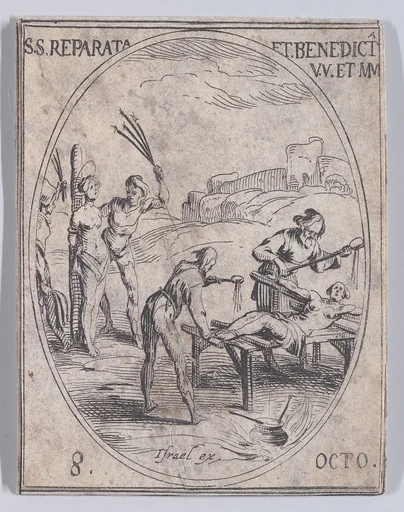 Ste. Reparate et Ste. Benoite, vierges et martyres (St. Reparata and St. Benedicta, Virgins and Martyrs), October 8th, from "Les Images De Tous Les Saincts et Saintes de L'Année" (Images of All of the Saints and Religious Events of the Year)