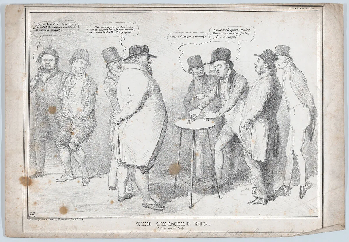 The Thimble Rig: "A Scene from the Derby" — John Charles Spencer, 3rd Earl Spencer|Edward John Littleton, 1st Baron Hatherton|Edward George Geoffrey Smith-Stanley, 14th Earl of Derby|Daniel O'Connell|Thomas McLean|Thomas Spring Rice, 1st Baron Monteagle|John Doyle|Charles Grey, 2nd Earl Grey