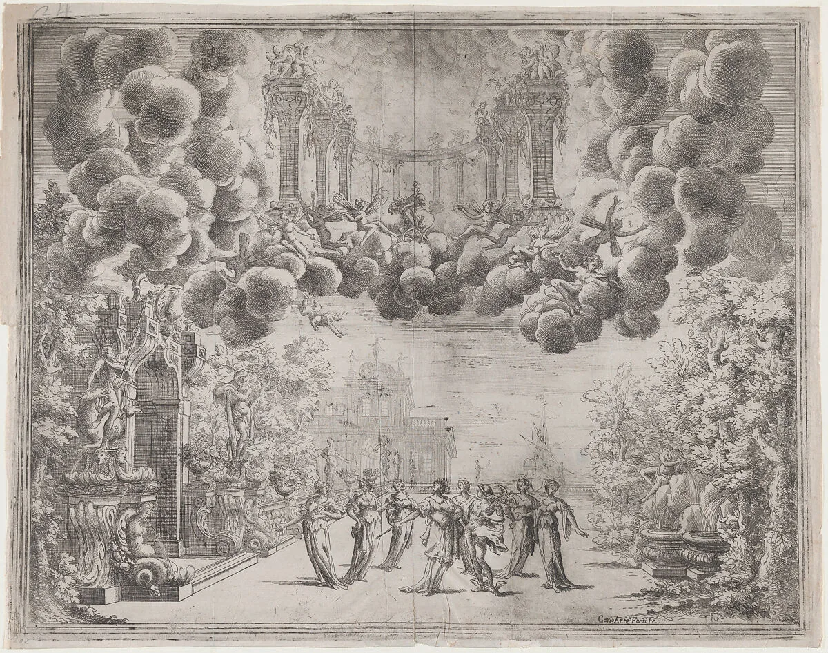 Stage design with allegorical figures; from 'L'Idea di tutti le perfezioni ... Piacenza' — Carlo Antonio Forti