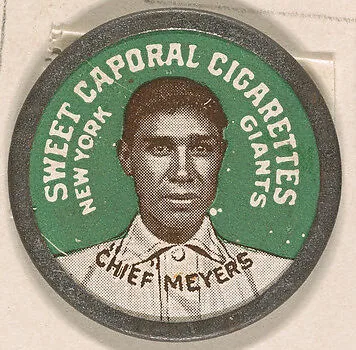 "Chief" Meyers, New York Giants (green), from the Domino Discs series (PX7), issued by Kinney Brothers — Kinney Brothers Tobacco Company