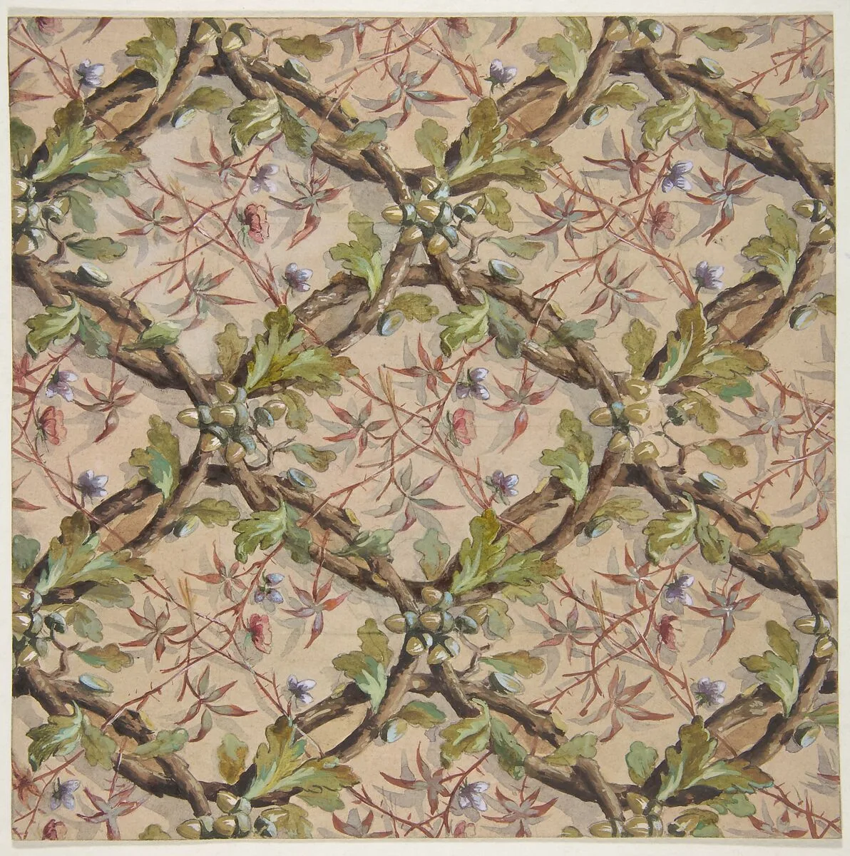 Design for wallpaper featuring oak leaves, acorns, and intertwined twigs — Jules-Edmond-Charles Lachaise|Eugène-Pierre Gourdet
