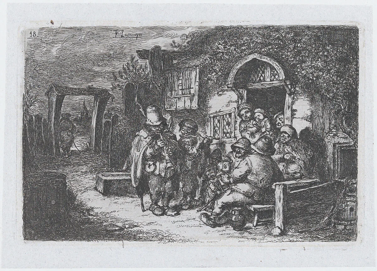 Plate 18: street musicians and other figures outisde a tavern, from the series of customs and pastimes of the Spanish people — Francisco Lameyer y Berenguer