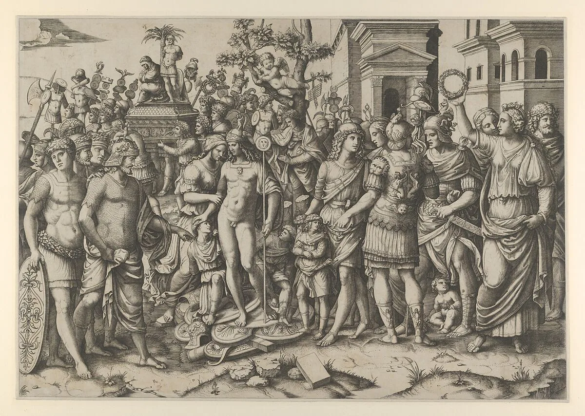 The triumph of a Roman Emperor; a young naked hero stands at center on a pile of armor; a woman at right holds aloft a laurel wreath — Marcantonio Raimondi|Jacopo Ripanda