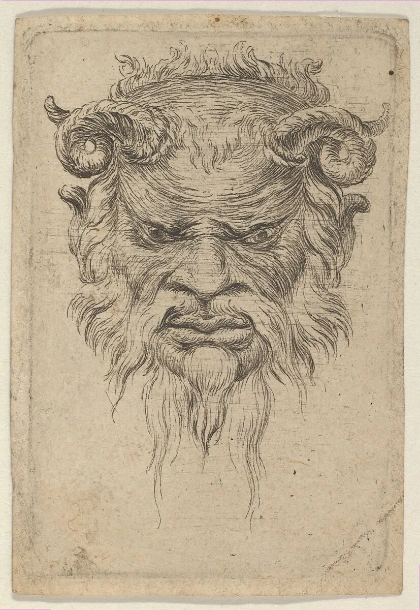 Satyr Mask with Curled Horns Looking Down, from Divers Masques — François Chauveau|Jacques Van Merlen
