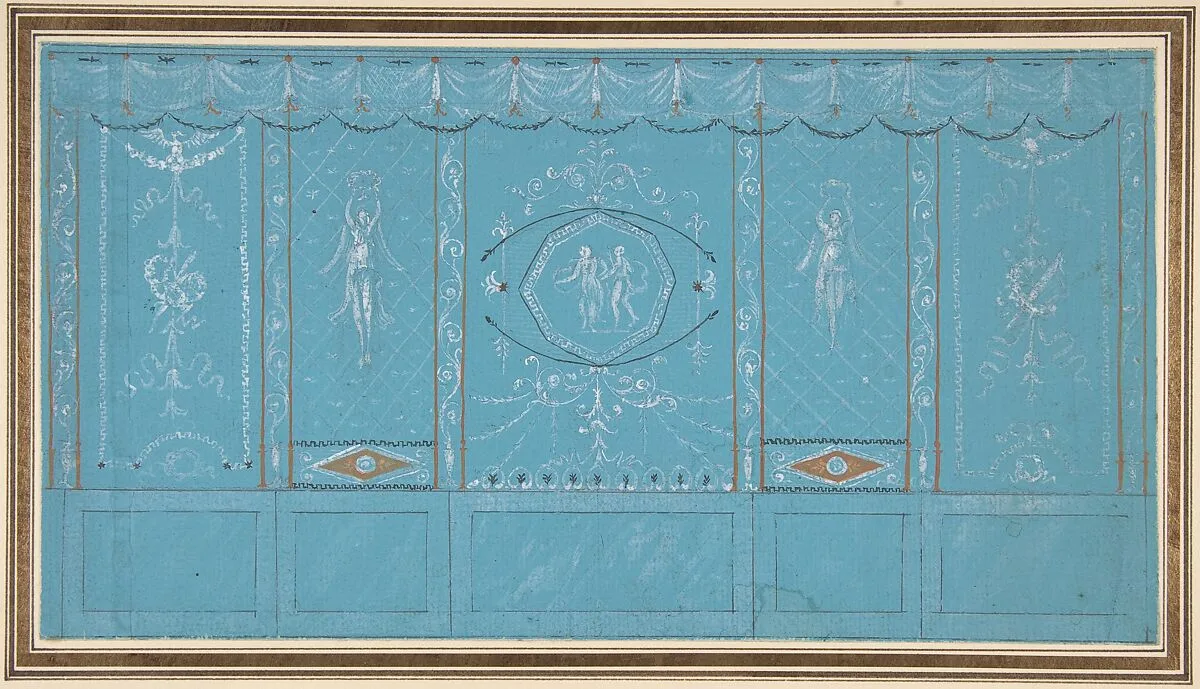 Design for a Decorated Wall with Grottesque over Blue Background — Giuseppe Bernardino Bison