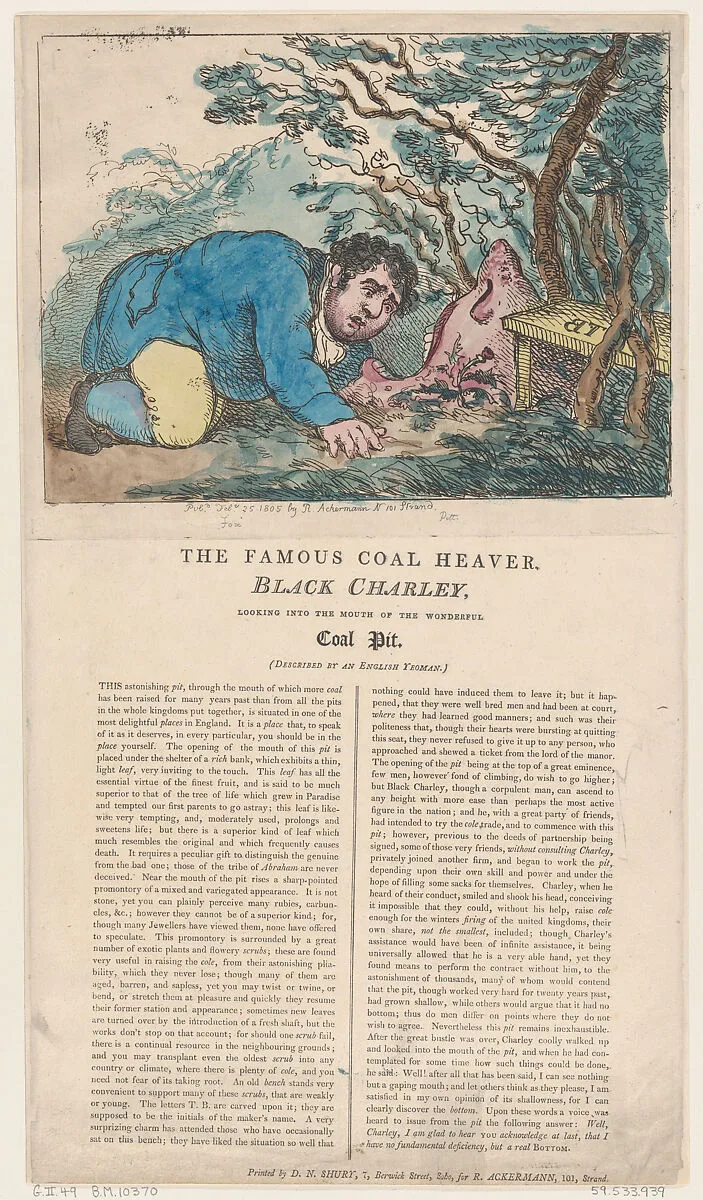 The Famous Coal Heaver Black Charley Looking into the Mouth of the Wonderful Coal Pit — D. N. Shury|William Pitt the Younger|Charles Fox|Thomas Rowlandson