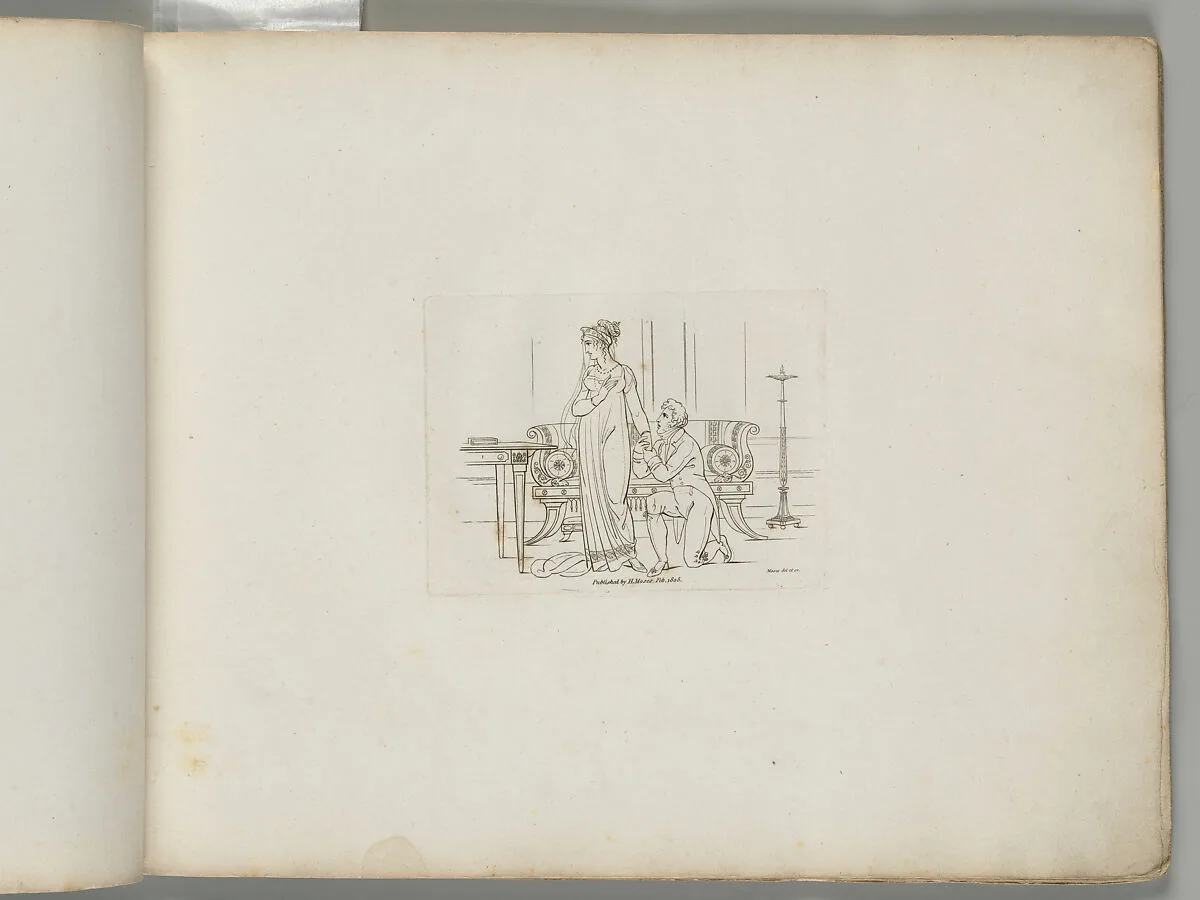 A Man Kneeling Beside a Woman, Holding Her Hand (from Sketches in Outline) — Henry Moses