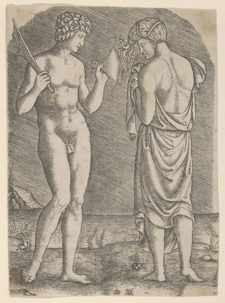 A naked man at left showing an axe to a woman at right — Marcantonio Raimondi