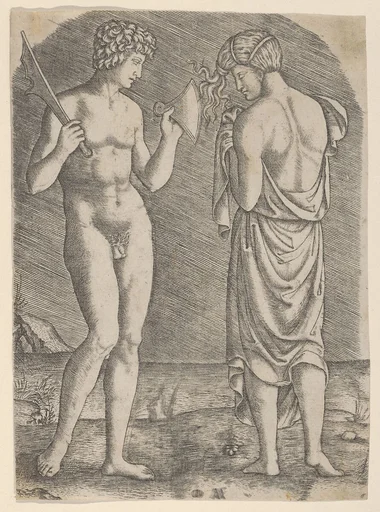 A naked man at left showing an axe to a woman at right