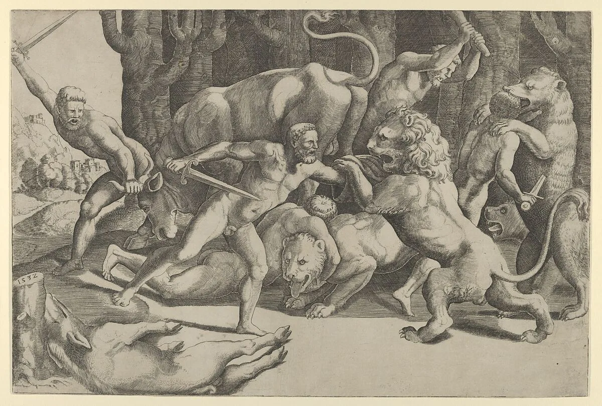 Five men fighting beasts, at lower left is a fallen boar — Giulio Romano|Master of the Die