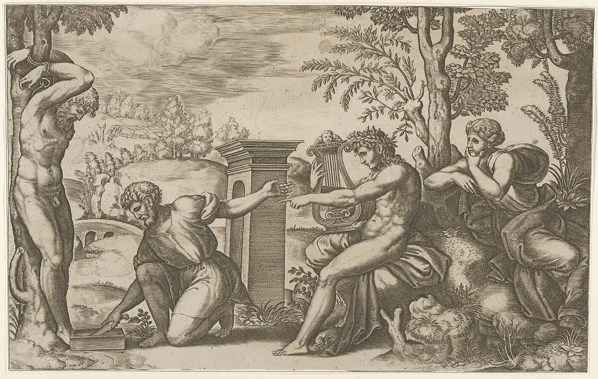 Apollo seated at the right with a lyre, pointing to a kneeling man who is about to flay Marsyas tied naked to a tree at left — Philippe Thomassin|Master of the Die|Raphael (Raffaello Sanzio or Santi)