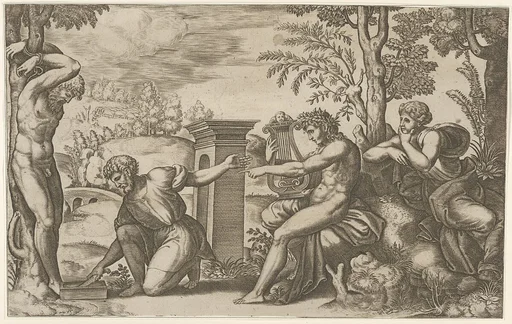 Apollo seated at the right with a lyre, pointing to a kneeling man who is about to flay Marsyas tied naked to a tree at left