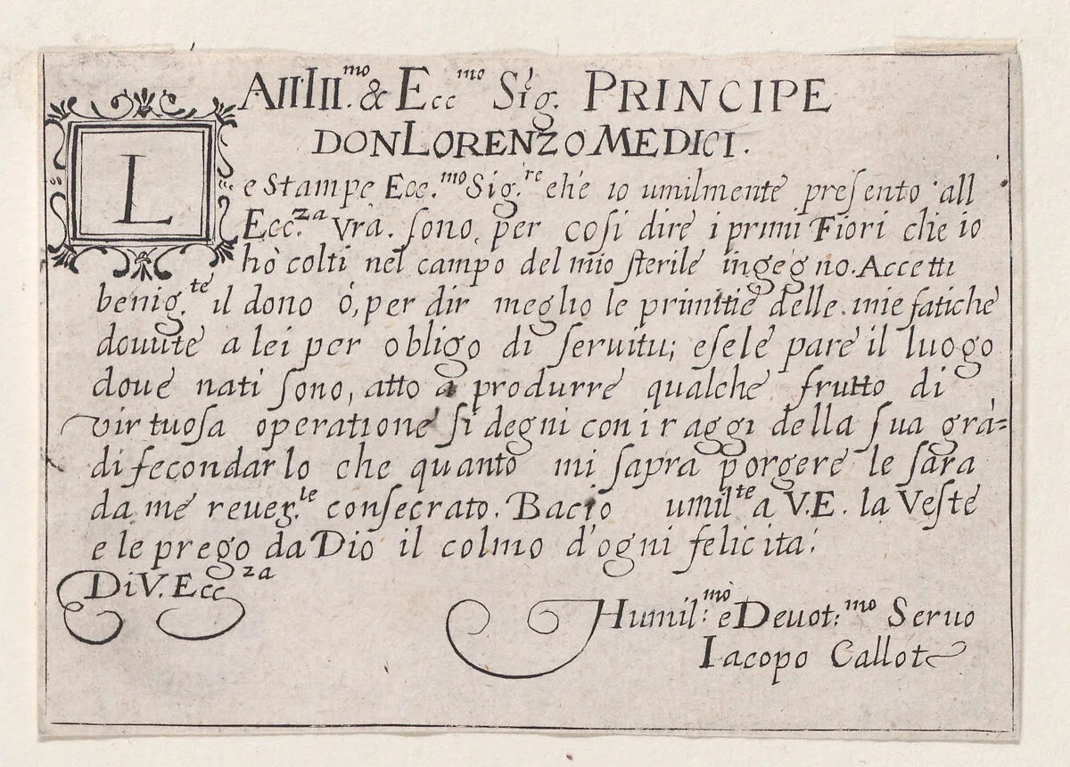 Copy of Dedication to Lorenzo de'Medici, from "Les Caprices" Series A, The Florence Set — Anonymous|Jacques Callot|Lorenzo de' Medici