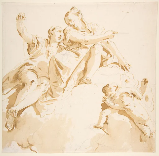 Two Women Seated on a Cloud, and Two Putti