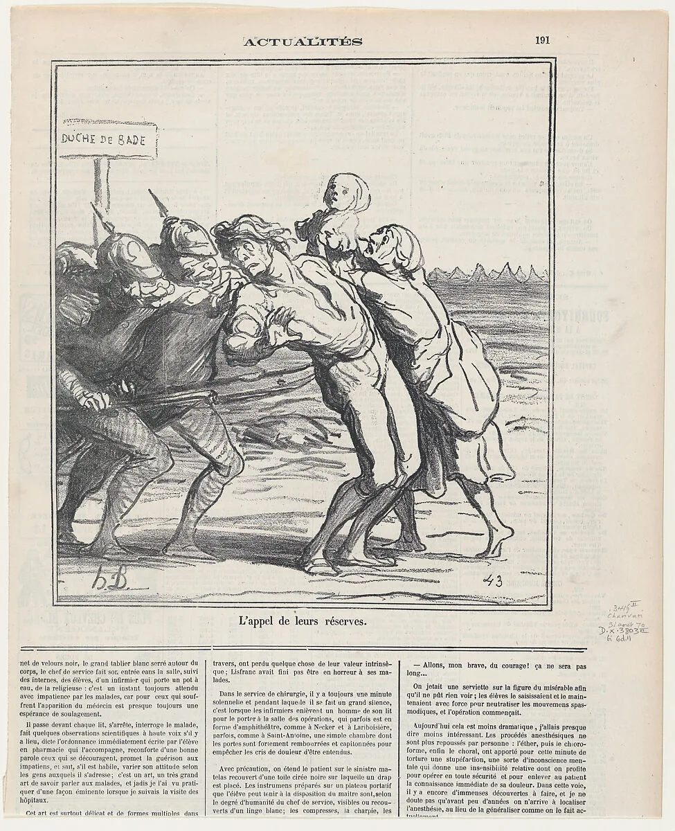 Calling their reserve conscripts to the colors, from 'News of the day,' published in Le Charivari, August 31, 1870 — Honoré Daumier