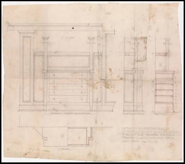 Francis W. Little House, Peoria, Illinois: Details - Buffet and Post in Dining Room — Frank Lloyd Wright