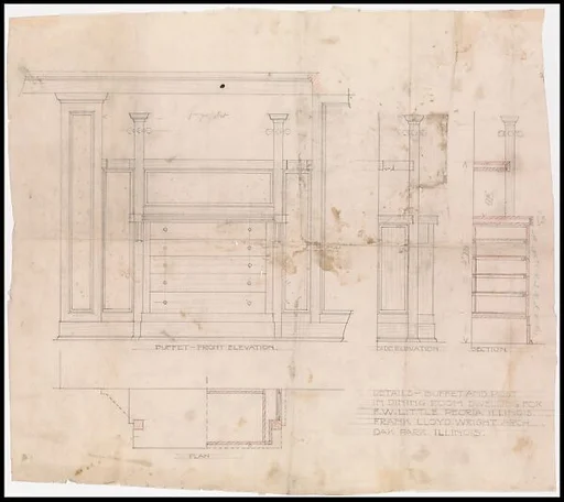 Francis W. Little House, Peoria, Illinois: Details - Buffet and Post in Dining Room