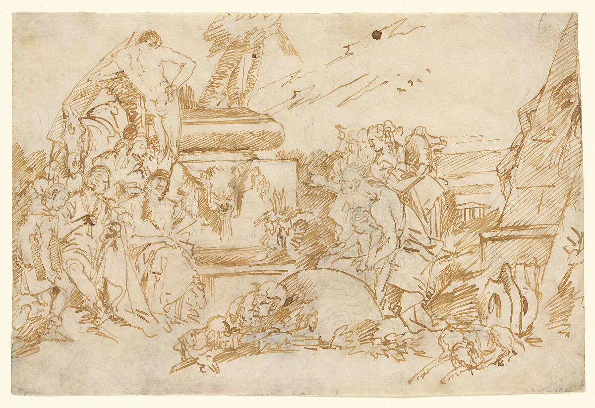 Figures in Antique Dress Grouped About a Pagan Tomb — Lorenzo Baldiserra Tiepolo|Giovanni Domenico Tiepolo