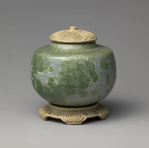 Covered vase on stand with teasel — Adelaide Alsop Robineau