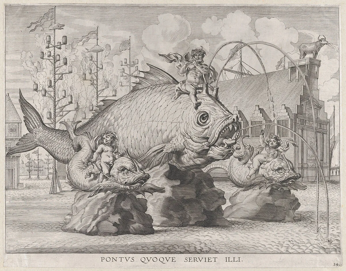 Plate 34: King Ferdinand as Neptune, seated on a whale at center, with putti atop two small fish on either side; from Guillielmus Becanus's 'Serenissimi Principis Ferdinandi, Hispaniarum Infantis...' — Jacob Neeffs|Johannes Meursius