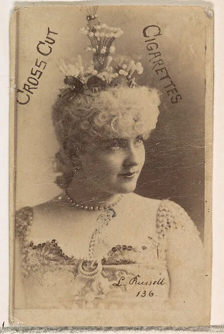 Card Number 136, Lillian Russell, from the Actors and Actresses series (N145-1) issued by Duke Sons & Co. to promote Cross Cut Cigarettes — W. Duke, Sons & Co.