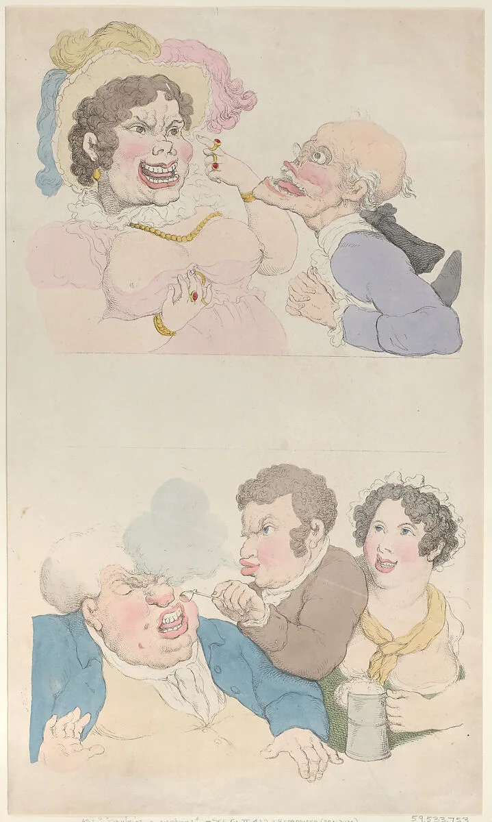 A Man Enticed by a Woman; and Smoking a Customer — Thomas Rowlandson