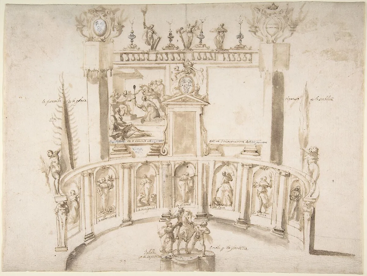 Design for a Garden Fête with a Semi-circular Wall and Statues in Niches. — Francesco Allegrini