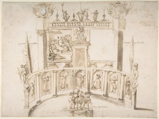 Design for a Garden Fête with a Semi-circular Wall and Statues in Niches.