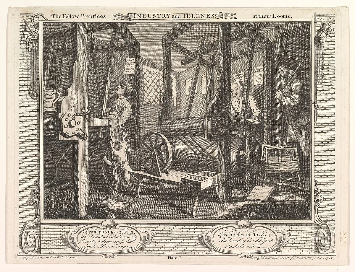 The Fellow 'Prentices at their Looms (Industry and Idleness, plate 1) — William Hogarth
