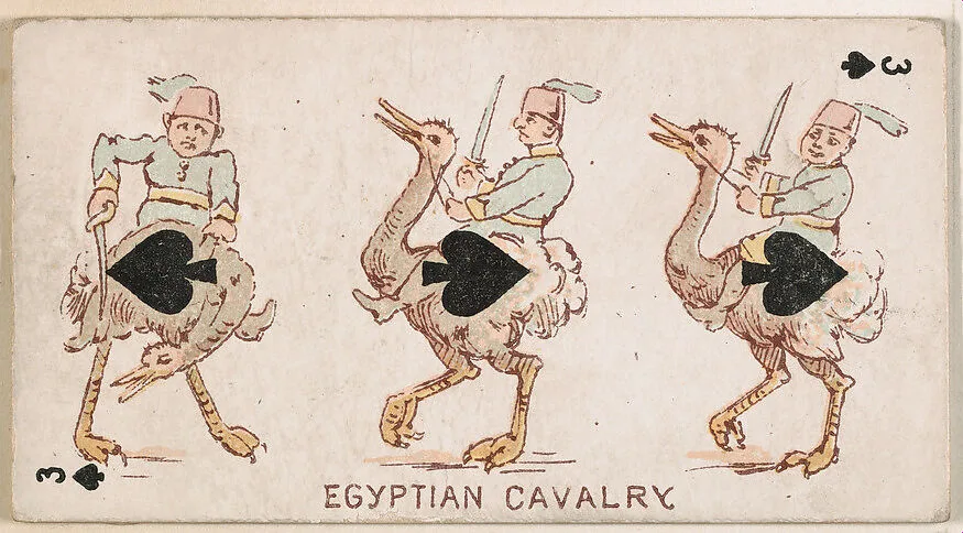 Three of Spades, Egyptian Cavalry, from Harlequin Cards, 2nd Series (N220) issued by Kinney Bros. — Kinney Brothers Tobacco Company