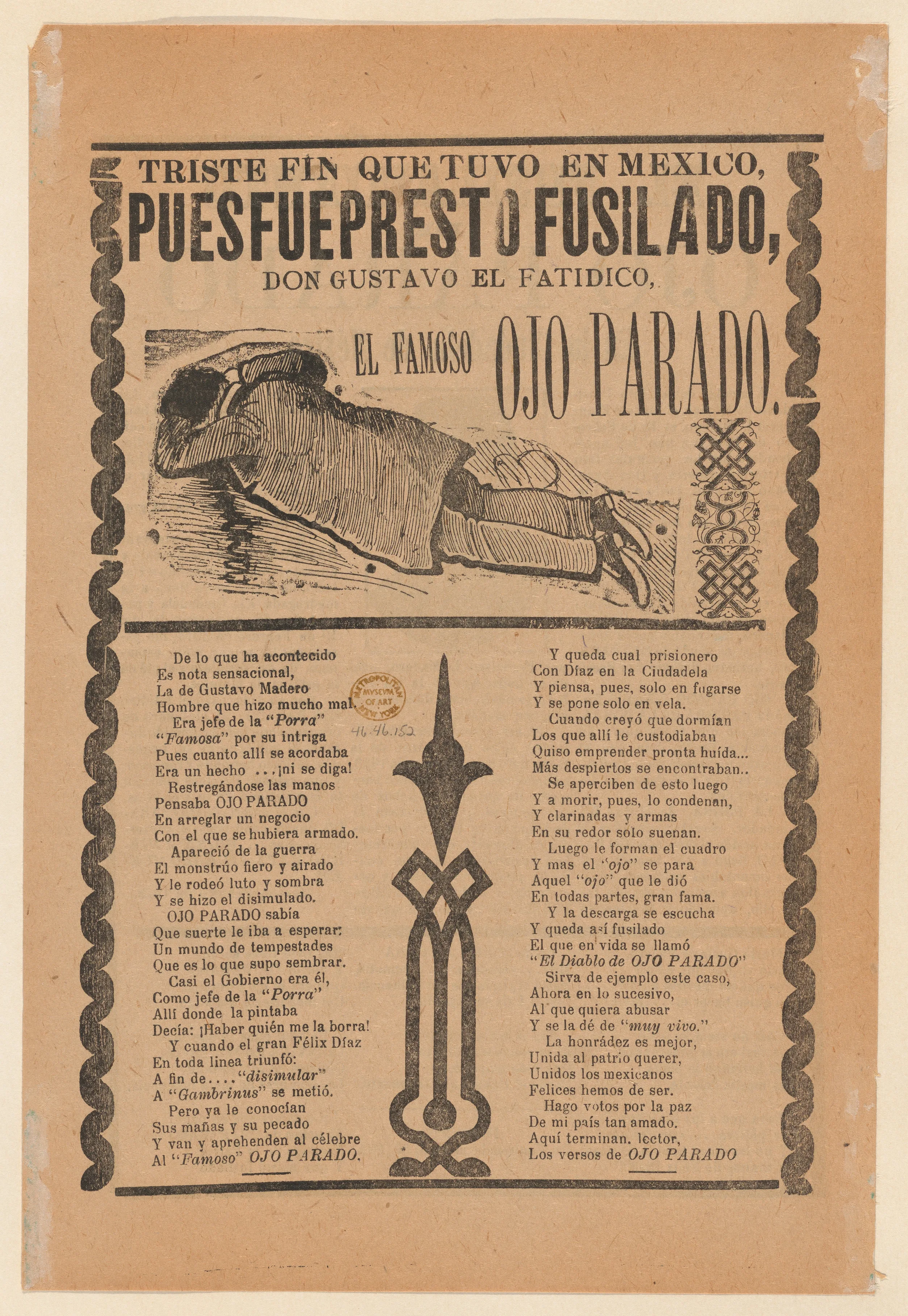 Broadsheet relating to the execution of a prophet named Don Gustavo, man lying face down — Antonio Vanegas Arroyo|José Guadalupe Posada