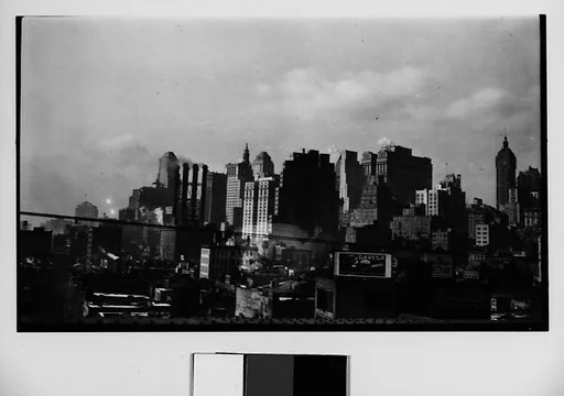 [Manhattan Skyline with Brooklyn Bridge Trussing and Cables, New York City]