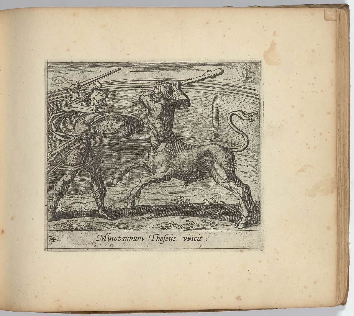 Theseus and the Minotaur (Minotaurum Theseus vincit), from The Metamorphoses of Ovid (Metamorphosean Sive Transformationum), plate 74 — Willem Jansz.|Antonio Tempesta