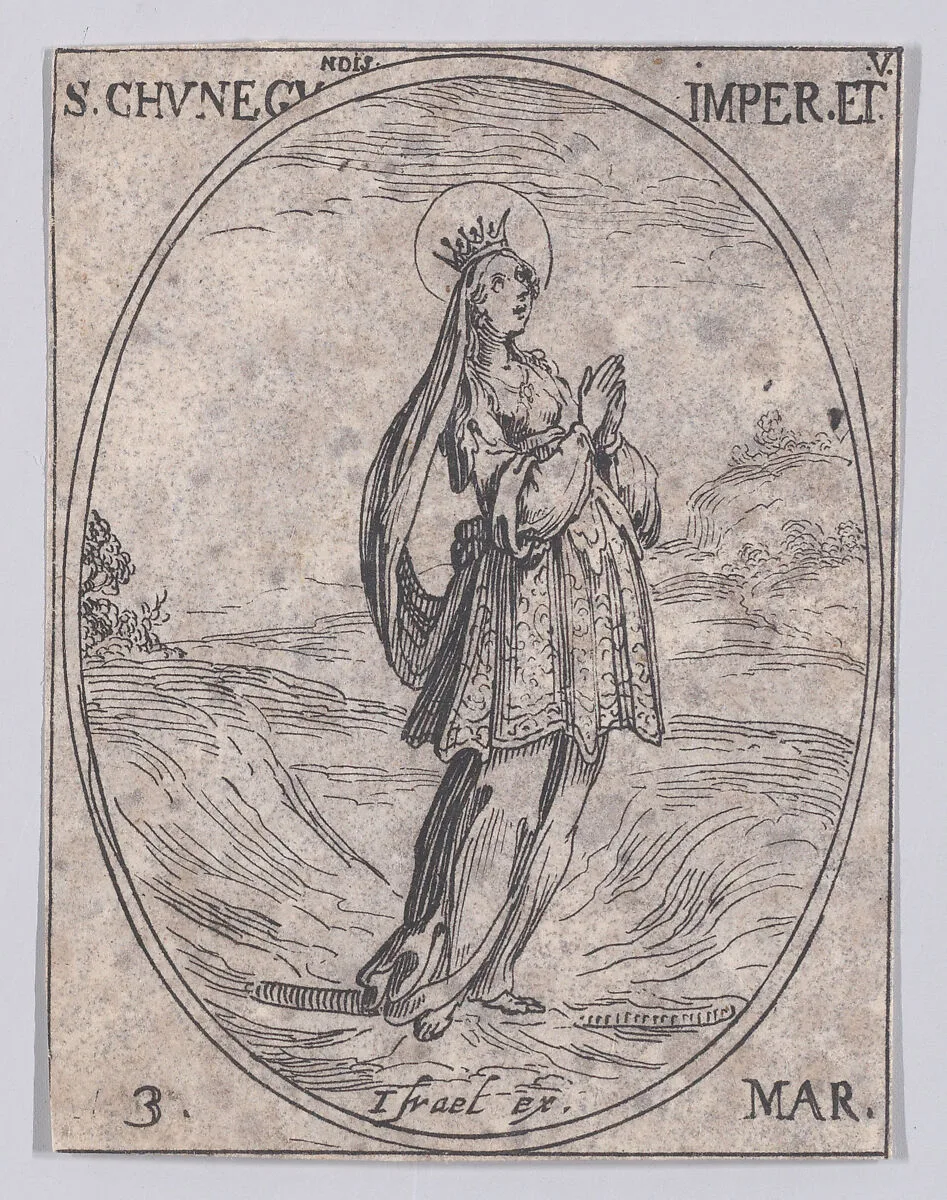 Ste. Cunégonde, impératrice et vierge (St. Cunegund, Empress and Virgin), March 3rd, from "Les Images De Tous Les Saincts et Saintes de L'Année" (Images of All of the Saints and Religious Events of the Year) — Jacques Callot|Israël Henriet