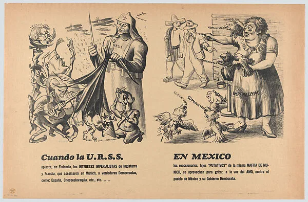 Poster with two images, on the left by Chávez Morado relating to when the USSR conquers imperialist interests (Hitler on his knees, Mussolini at left etc) and at right by Anguiano, regarding the situation in Mexico and the reactions of her putative sons — José Chávez Morado|Taller de Gráfica Popular|Raúl Anguiano