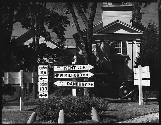 [Church with Roadside Highway Signs in Foreground, Brookfield, Connecticut]